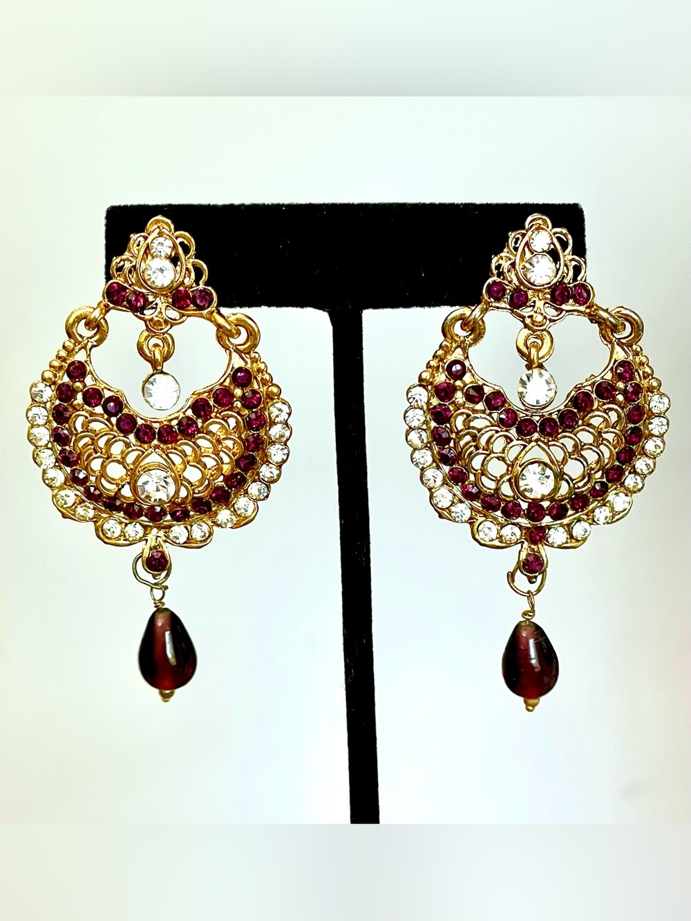 Vintage Chandbali Earrings Ruby Rhinestone Bollywood Kundan Style Purple Dangle
